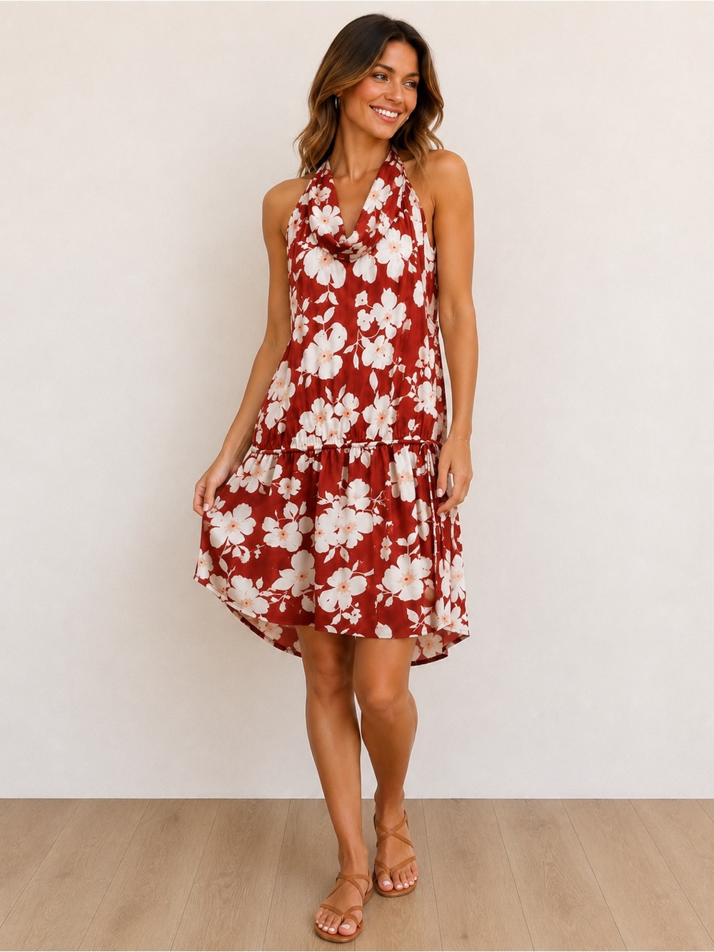 OUGES Rust Red Floral Halter Open Back Dress Size XL (US 16–18)